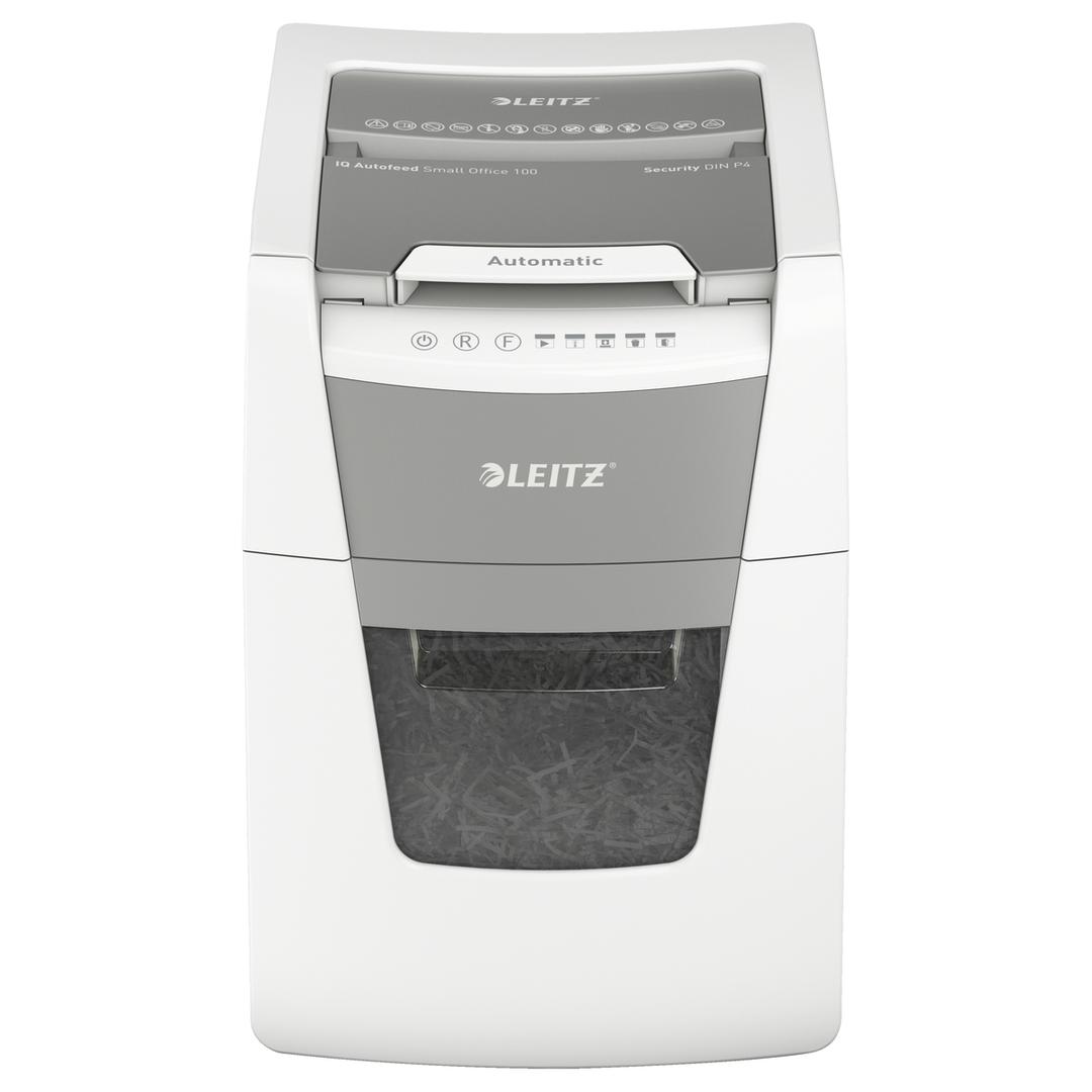 Destructeur de documents confidentiels P4 Coupe croisée Insertion papier automatique IQ Autofeed+ 100 4 x 30 mm avec insertion papier automatique LEITZ — Vue de face