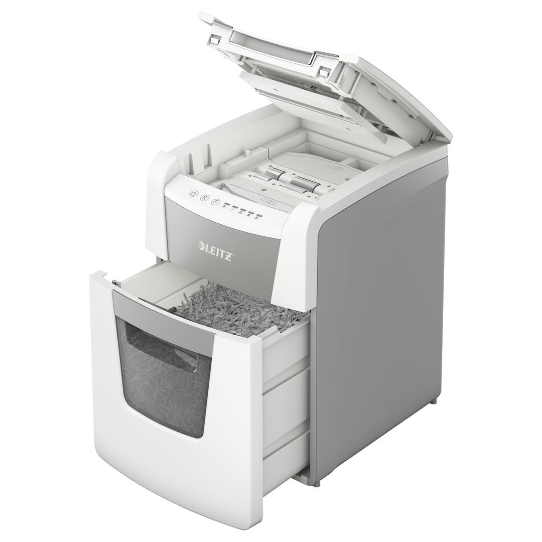 Destructeur de documents très confidentiels P5 Coupe croisée Insertion papier automatique IQ Autofeed+ 100 2 x 15 mm avec insertion papier automatique LEITZ — Bac extractible et insertion papier automatique