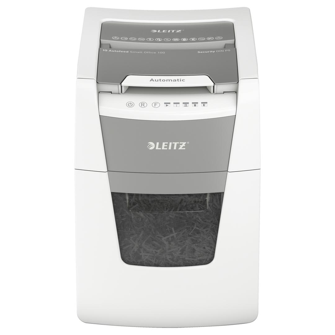 Destructeur de documents très confidentiels P5 Coupe croisée Insertion papier automatique IQ Autofeed+ 100 2 x 15 mm avec insertion papier automatique LEITZ — Vue de face