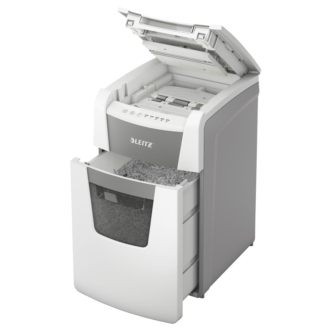 Destructeur de documents très confidentiels P5 Coupe croisée Insertion papier automatique IQ Autofeed+ 150 2 x 15 mm avec insertion papier automatique LEITZ — Bac extractible et insertion papier automatique