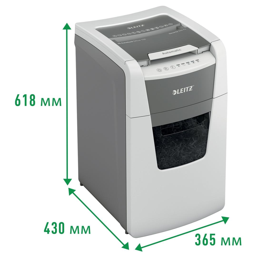 Destructeur de documents très confidentiels P5 Coupe croisée Insertion papier automatique IQ Autofeed+ 150 2 x 15 mm avec insertion papier automatique LEITZ — Dimensions