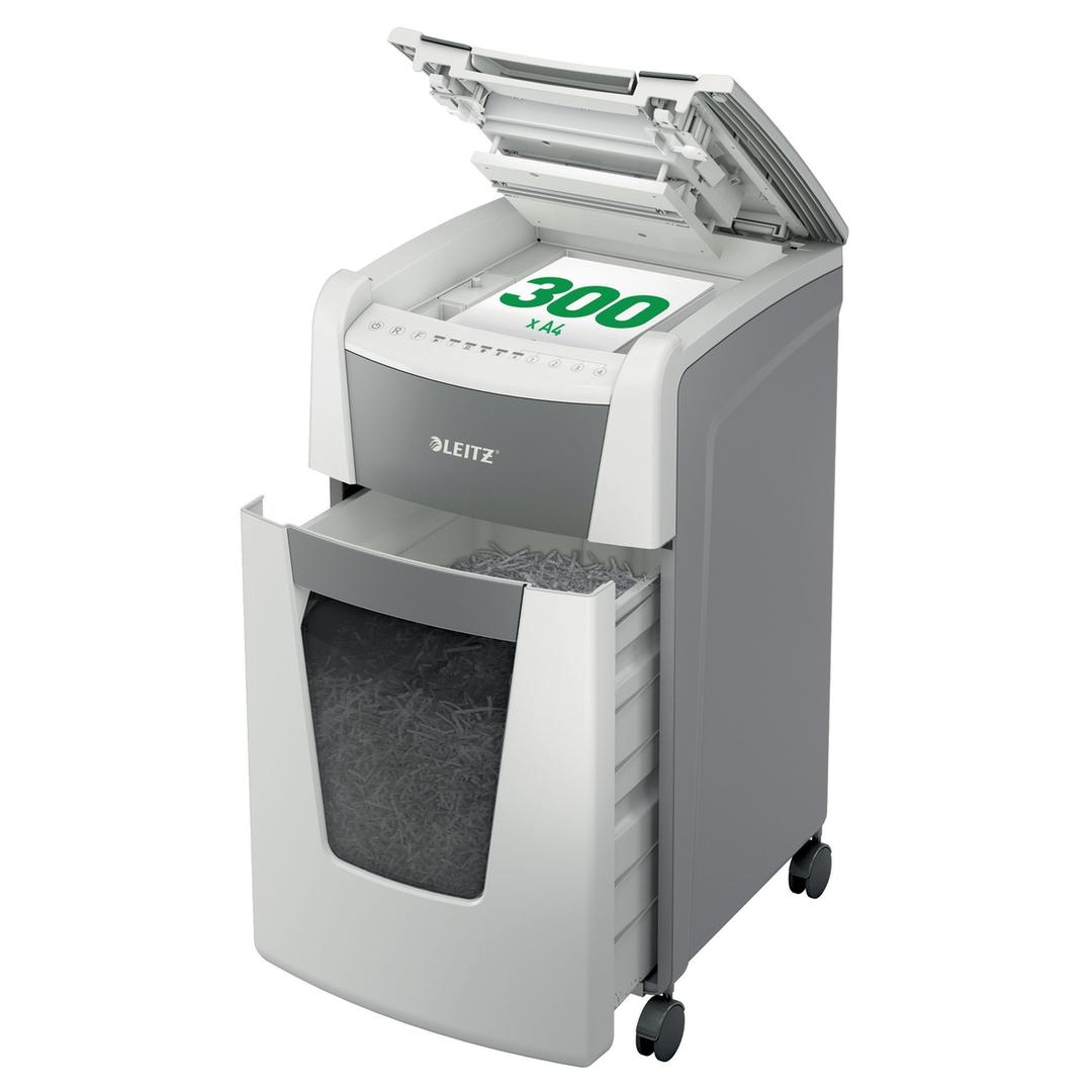Destructeur de documents confidentiels P4 Coupe croisée Insertion papier automatique IQ Autofeed+ 300 4 x 30 mm avec insertion papier automatique LEITZ — Capacité insertion papier automatique