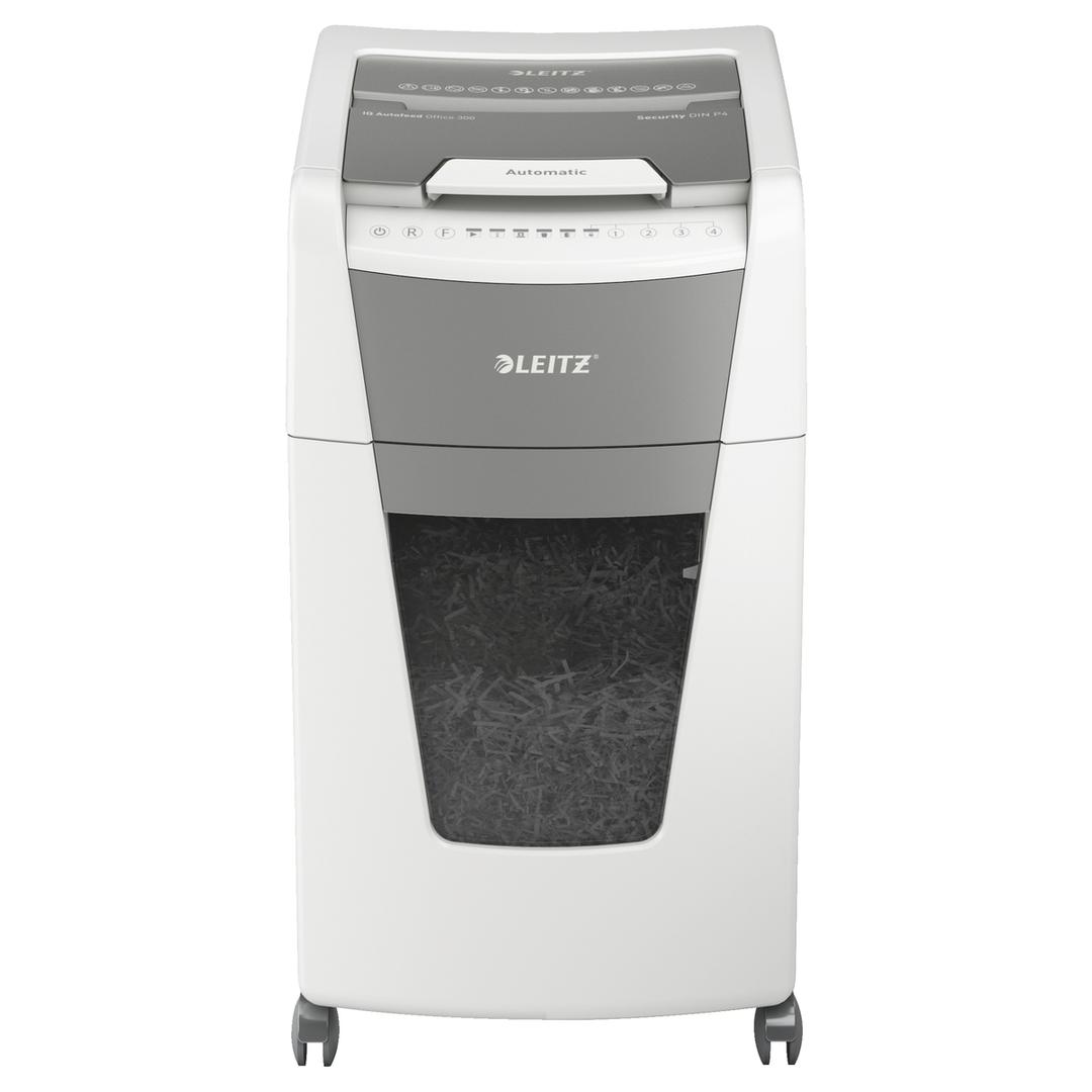 Destructeur de documents confidentiels P4 Coupe croisée Insertion papier automatique IQ Autofeed+ 300 4 x 30 mm avec insertion papier automatique LEITZ — Vue de face