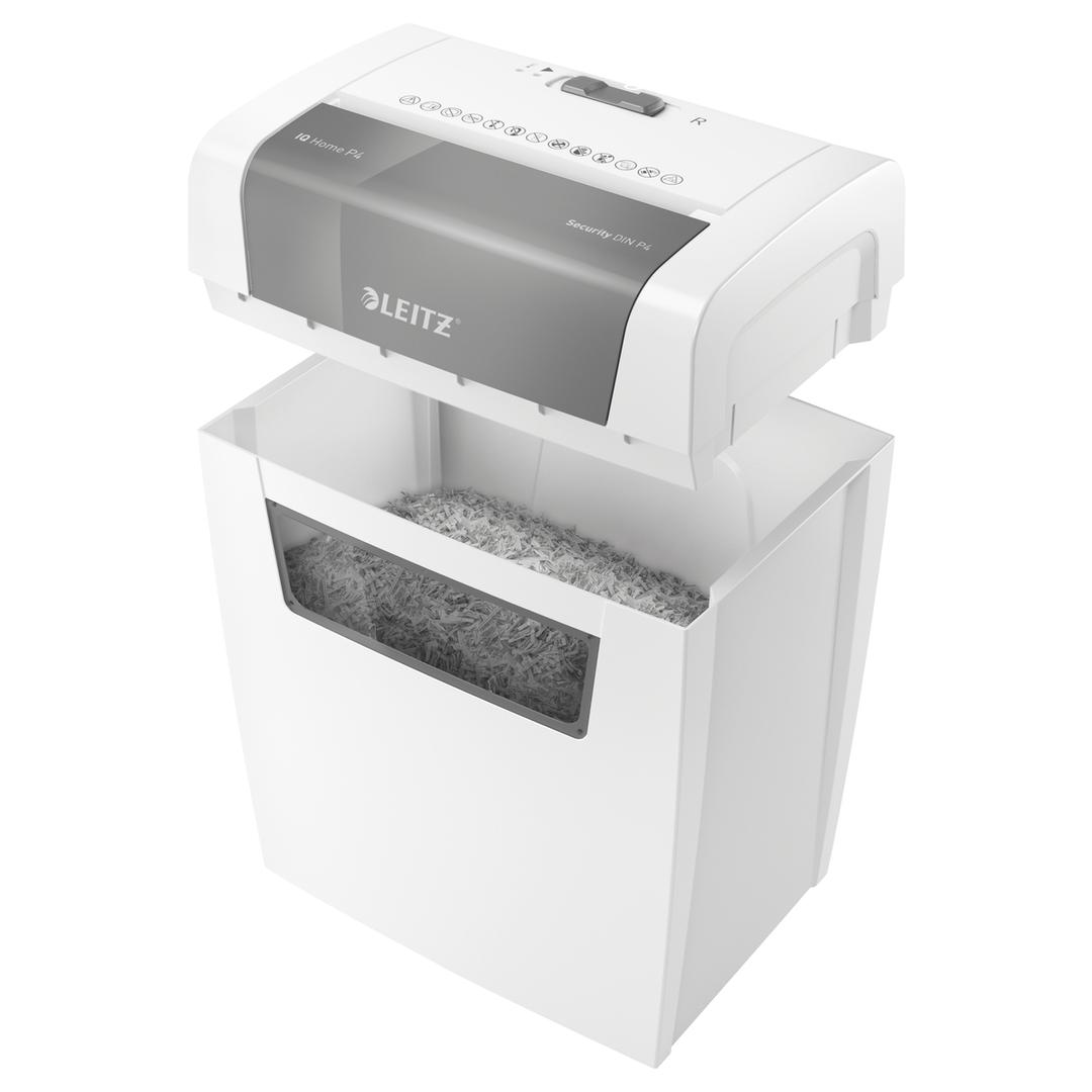 Destructeur de documents confidentiels P4 Coupe croisée IQ Home 4 x 28 mm LEITZ — Corbeille amovible ouverte