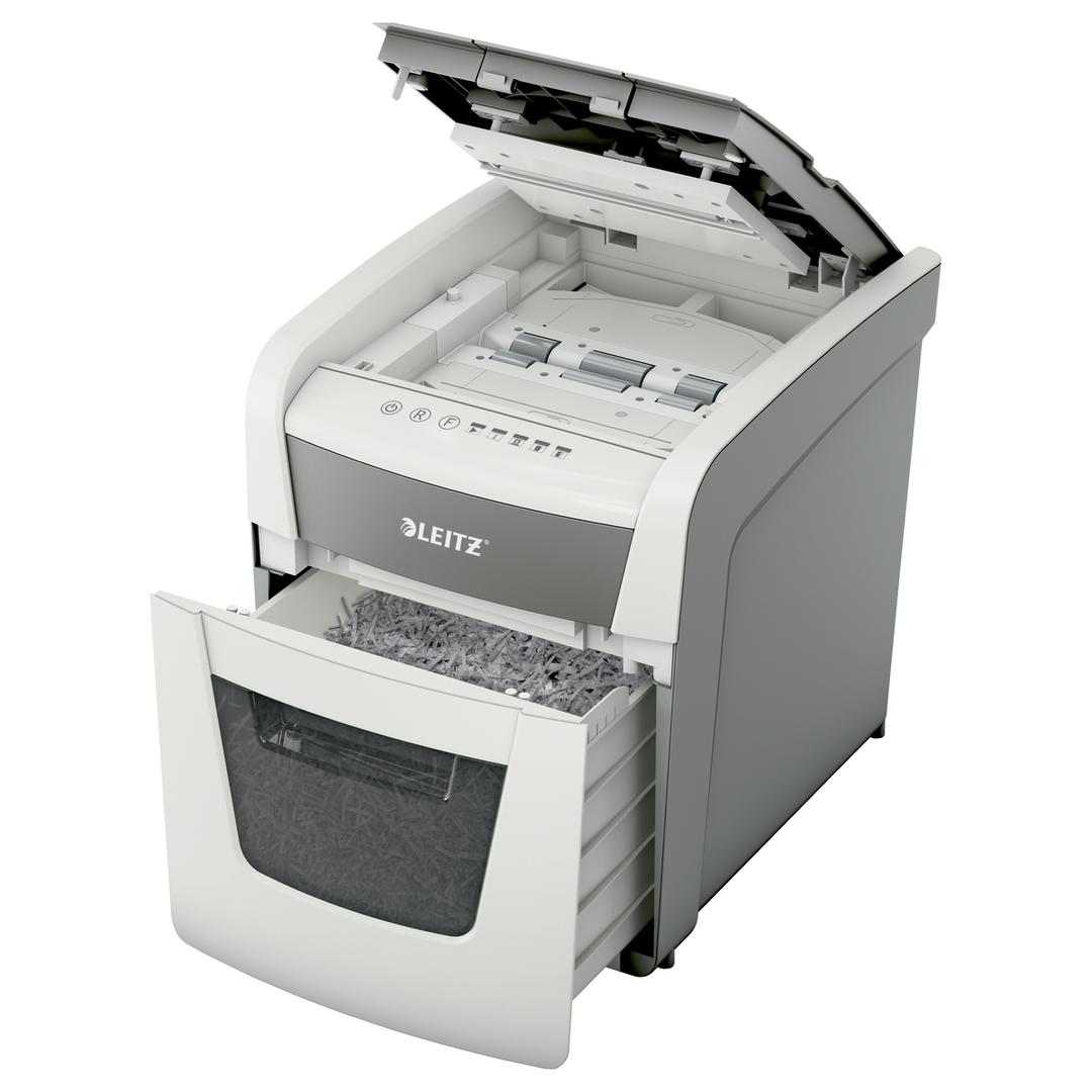 Destructeur de documents confidentiels P4 Coupe croisée Insertion papier automatique IQ Autofeed+ 50X  4 x 28 mm avec insertion papier automatique LEITZ — Bac extractible et insertion papier automatique
