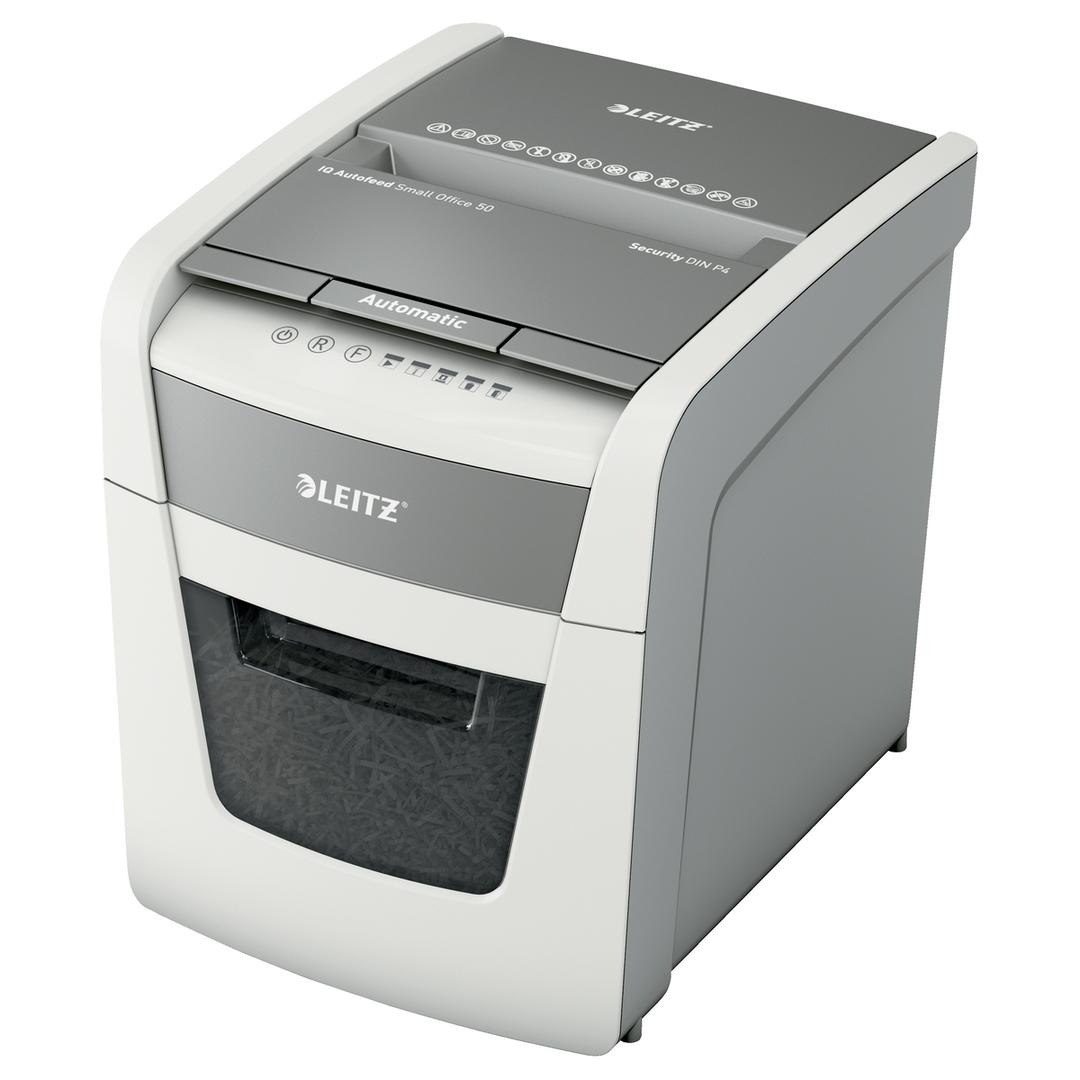 Destructeur de documents confidentiels P4 Coupe croisée Insertion papier automatique IQ Autofeed+ 50X  4 x 28 mm avec insertion papier automatique LEITZ — Base