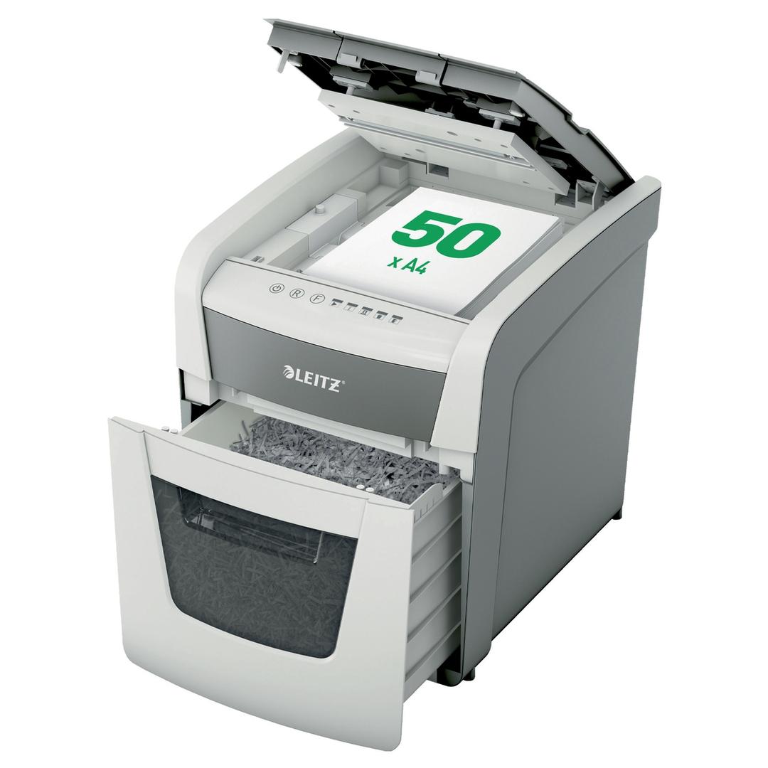 Destructeur de documents confidentiels P4 Coupe croisée Insertion papier automatique IQ Autofeed+ 50X  4 x 28 mm avec insertion papier automatique LEITZ — Capacité insertion papier automatique