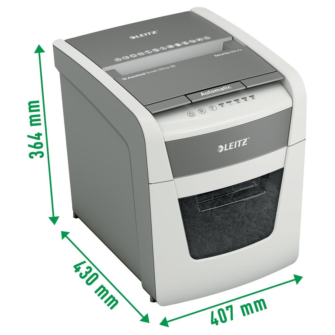 Destructeur de documents confidentiels P4 Coupe croisée Insertion papier automatique IQ Autofeed+ 50X  4 x 28 mm avec insertion papier automatique LEITZ — Dimensions
