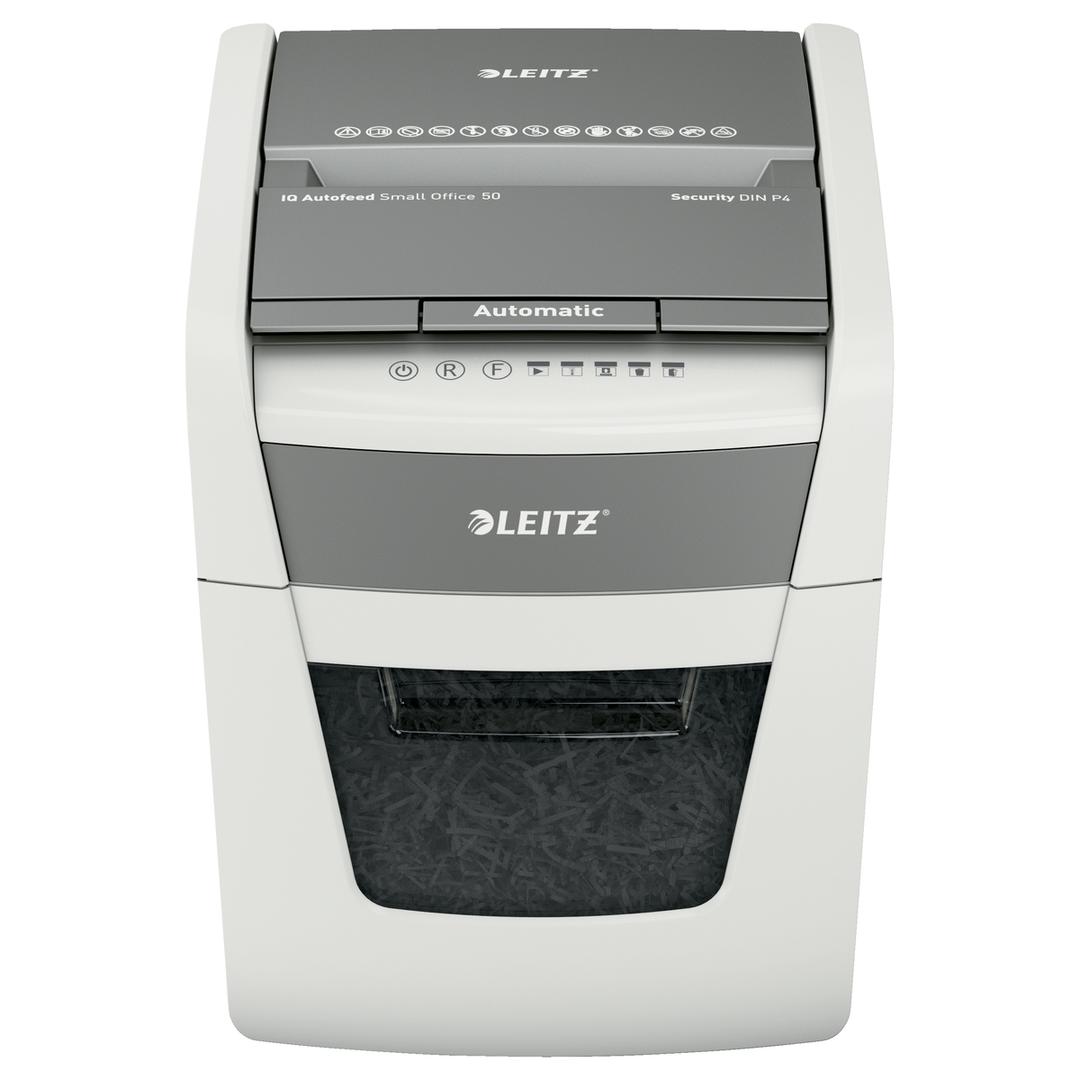 Destructeur de documents confidentiels P4 Coupe croisée Insertion papier automatique IQ Autofeed+ 50X  4 x 28 mm avec insertion papier automatique LEITZ — Vue de face