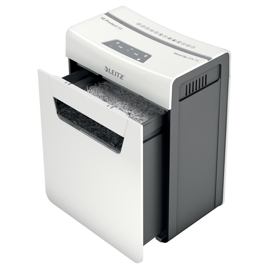 Destructeur de documents confidentiels P4 Coupe croisée IQ Protect 8X 4 x 40 mm LEITZ — Bac extractible