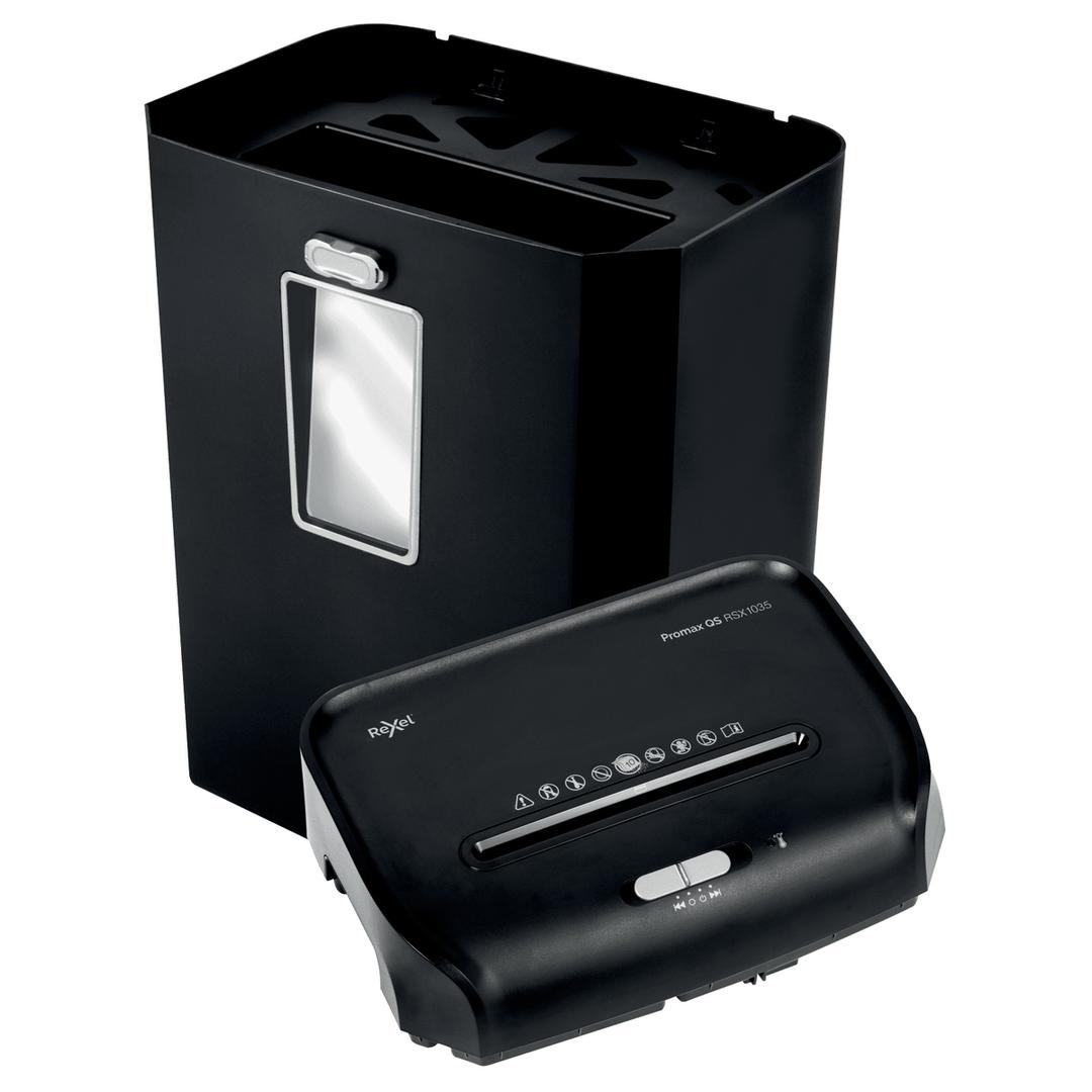 Destructeur de documents confidentiels P4 Coupe croisée Promax QS RSX1035 4 x 40 mm REXEL — Corbeille amovible ouverte