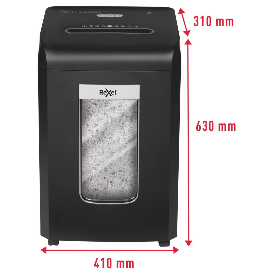 Destructeur de documents confidentiels P4 Coupe croisée Promax QS RSX1535 4 x 40 mm REXEL — Cotes : 410 mm de large, 310 mm de profondeur, 630 mm de haut, 13,4 kg