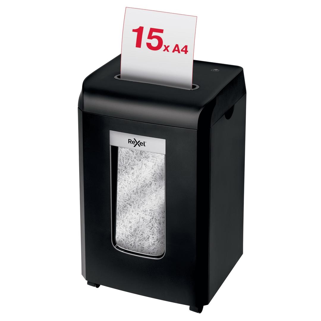 Destructeur de documents confidentiels P4 Coupe croisée Promax QS RSX1535 4 x 40 mm REXEL — Feuille A4 engagée dans la fente d'introduction, 15 feuilles 80 g/m² par passage