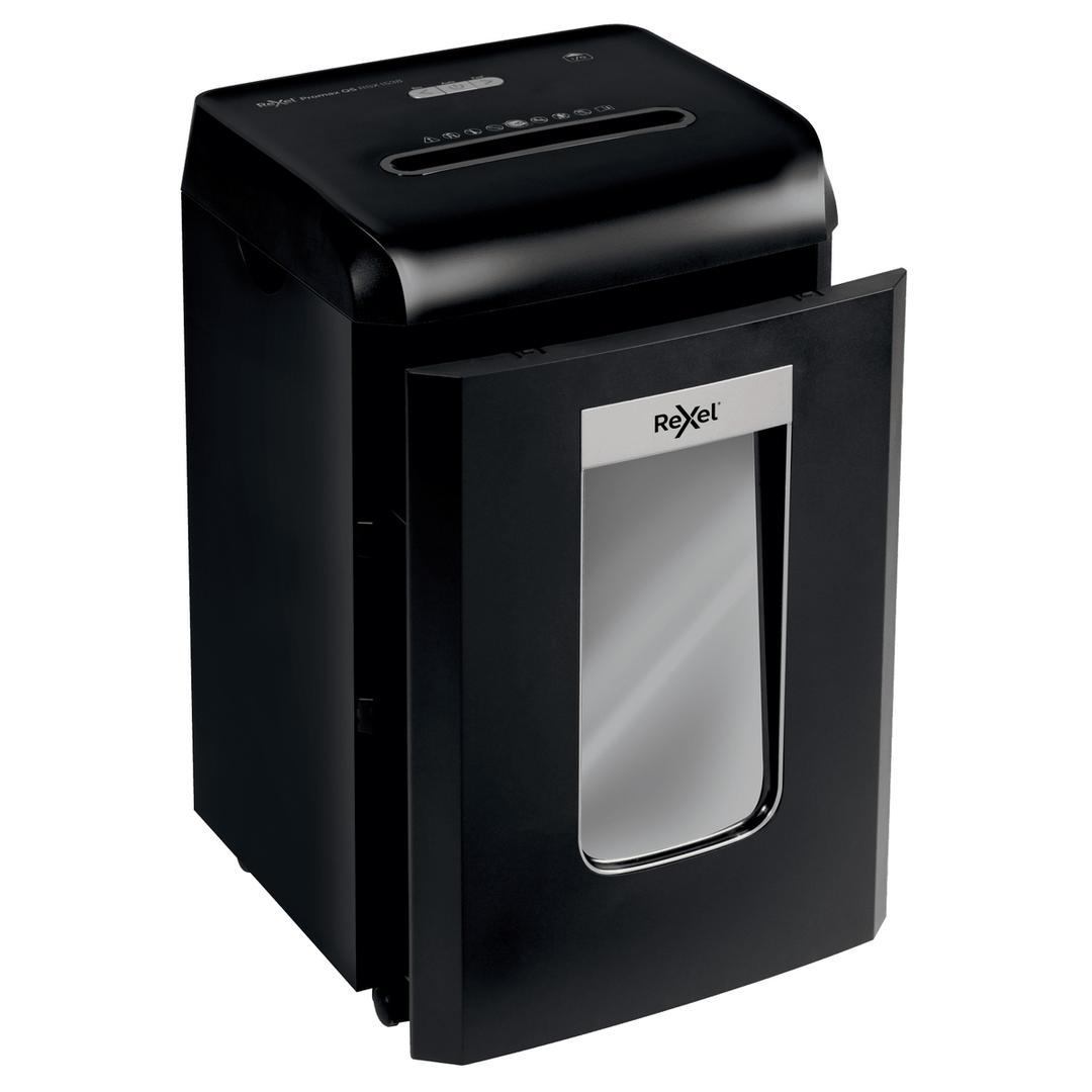 Destructeur de documents confidentiels P4 Coupe croisée Promax QS RSX1535 4 x 40 mm REXEL — Porte latérale ouverte sur la corbeille de 38 litres