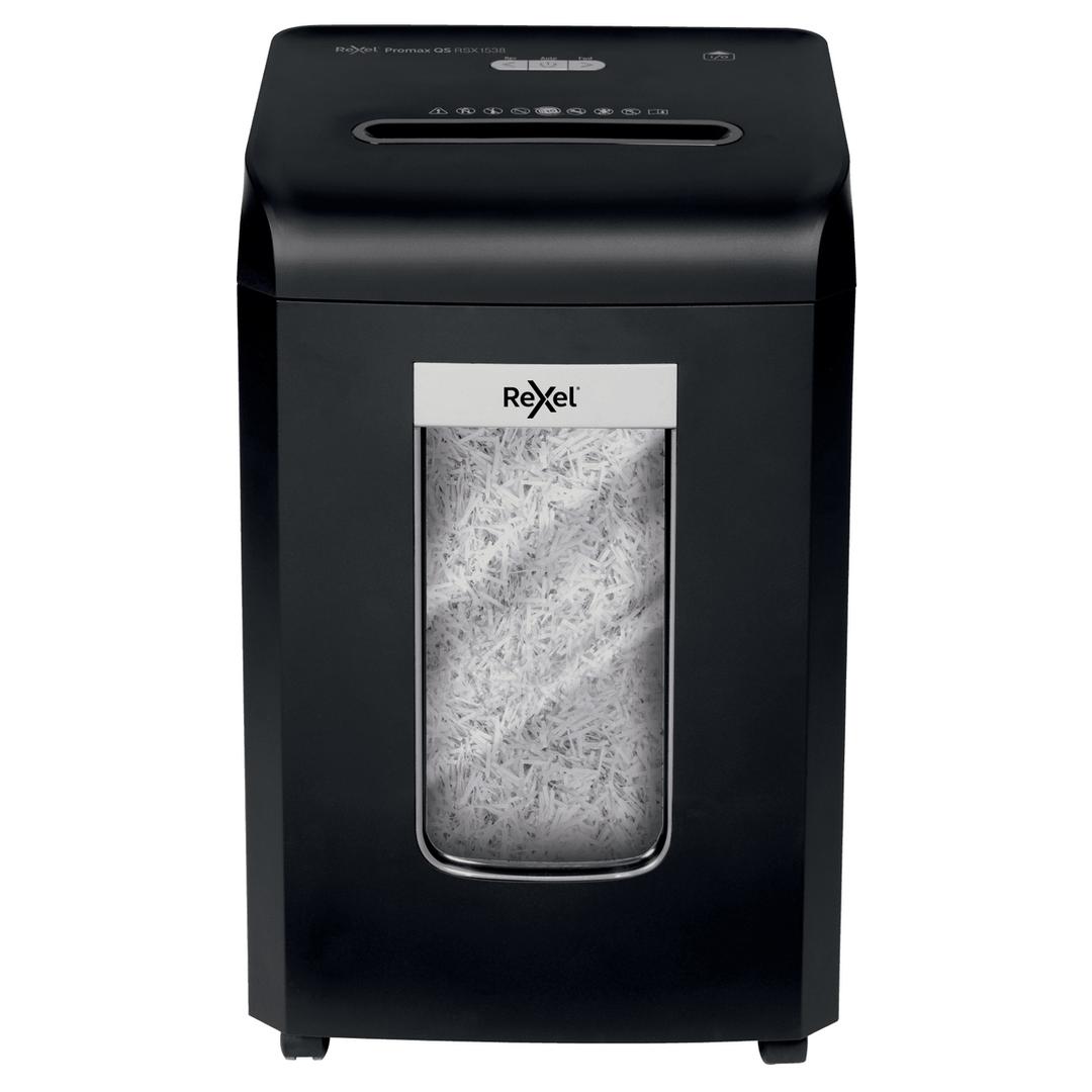 Destructeur de documents confidentiels P4 Coupe croisée Promax QS RSX1535 4 x 40 mm REXEL — Vu de face, fente d'introduction et hublot de niveau