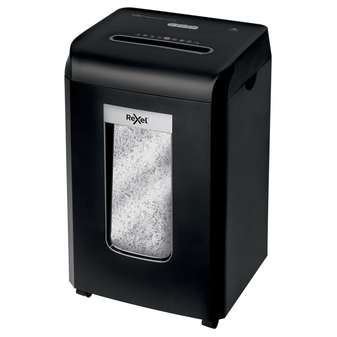 Destructeur de documents confidentiels P4 Coupe croisée Promax QS RSX1535 4 x 40 mm REXEL — Vu de trois quarts, hublot de niveau sur la corbeille de 38 litres