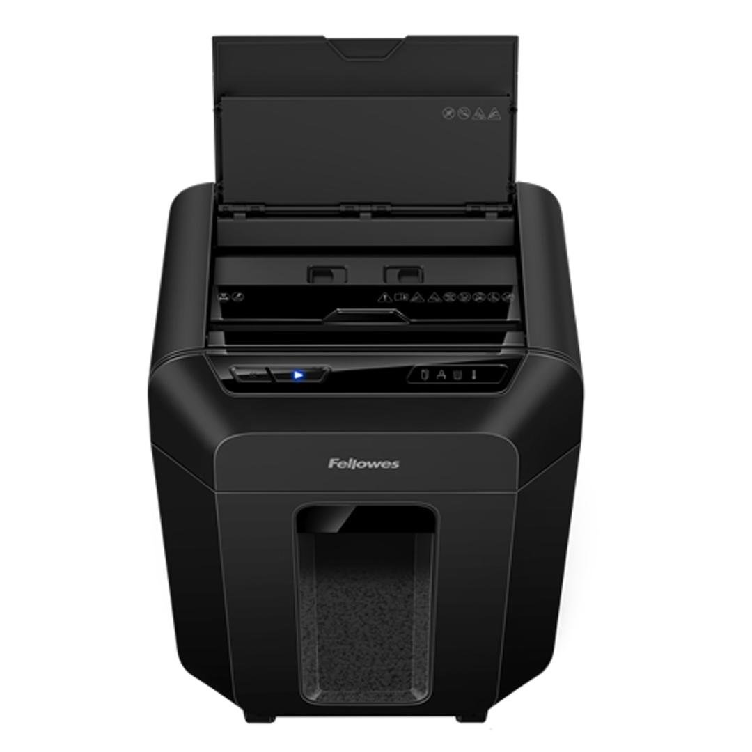 Destructeur de documents confidentiels P4 Coupe croisée Insertion papier automatique AutoMax 90M 4 x 12 mm avec insertion papier automatique FELLOWES — Bac d'alimentation automatique jusqu'à 90 feuilles (70g/m²) - Destructeur de papier fellowes