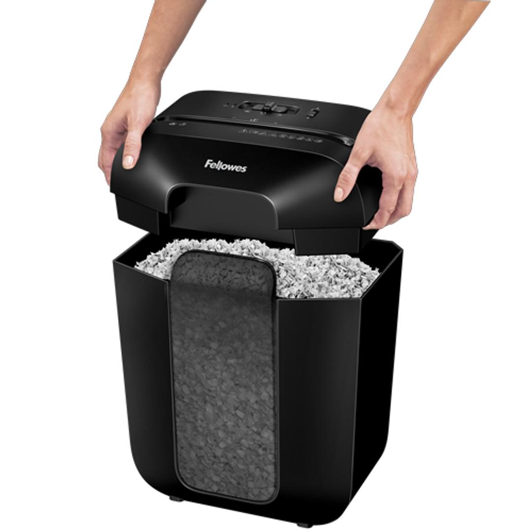 Destructeur de documents confidentiels P4 Coupe croisée Powershred LX41 Mini-Cut 4 x 12 mm FELLOWES — Bloc de coupe pose sur son bac - destructeur de papier fellowes