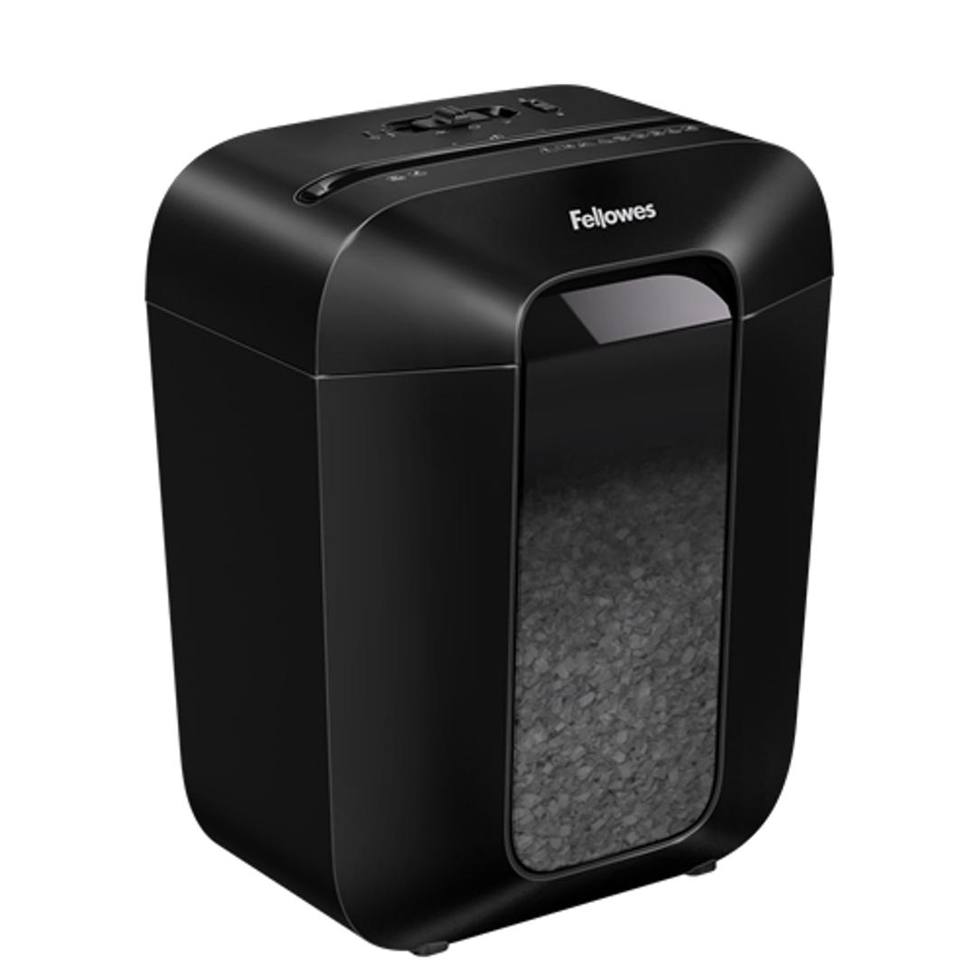 Destructeur de documents confidentiels P4 Coupe croisée Powershred LX41 Mini-Cut 4 x 12 mm FELLOWES — Vue latérale du bac et de son bloc de coupe - destructeur de papier fellowes