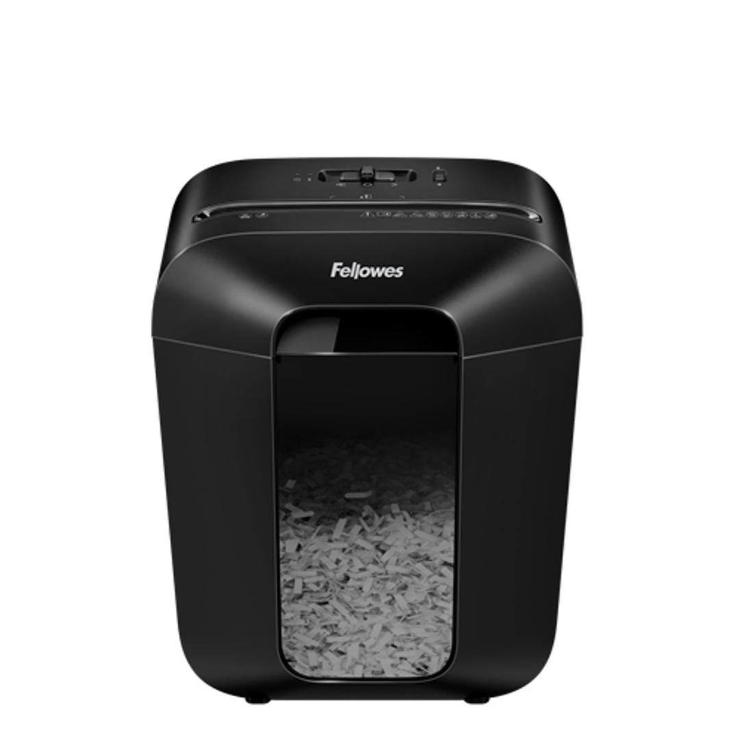 Destructeur de documents confidentiels P4 Coupe croisée Powershred LX50 4 x 37 mm noir FELLOWES — Vue de face - Fenêtre de visualisation du remplissage du bac - Destructeur de papier Fellowes