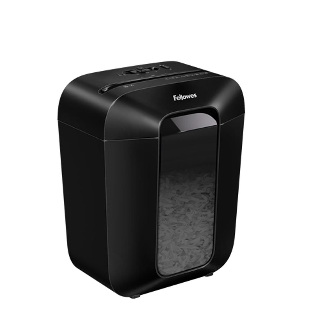 Destructeur de documents confidentiels P4 Coupe croisée Powershred LX50 4 x 37 mm noir FELLOWES — Vue latérale du bac et de son bloc de coupe - Destructeur de papier Fellowes