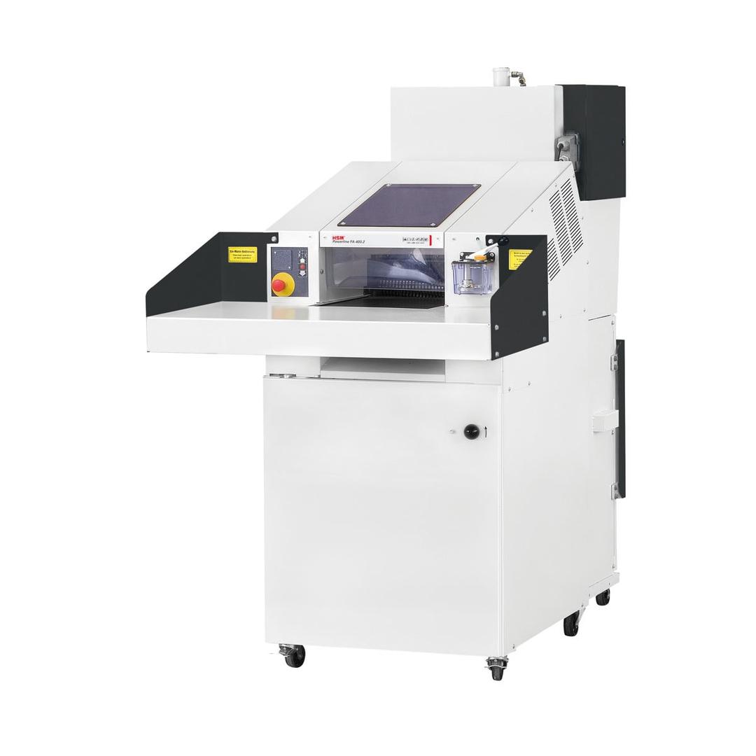 Combinaison destructeur-presse à balles P3 Coupe croisée Forte capacité SP 4040 V Powerline 5,8 x 50 mm HSM - Combinaison destructeur-presse HSM Powerline SP 4040 V vue de face, table de chargement et presse verticale