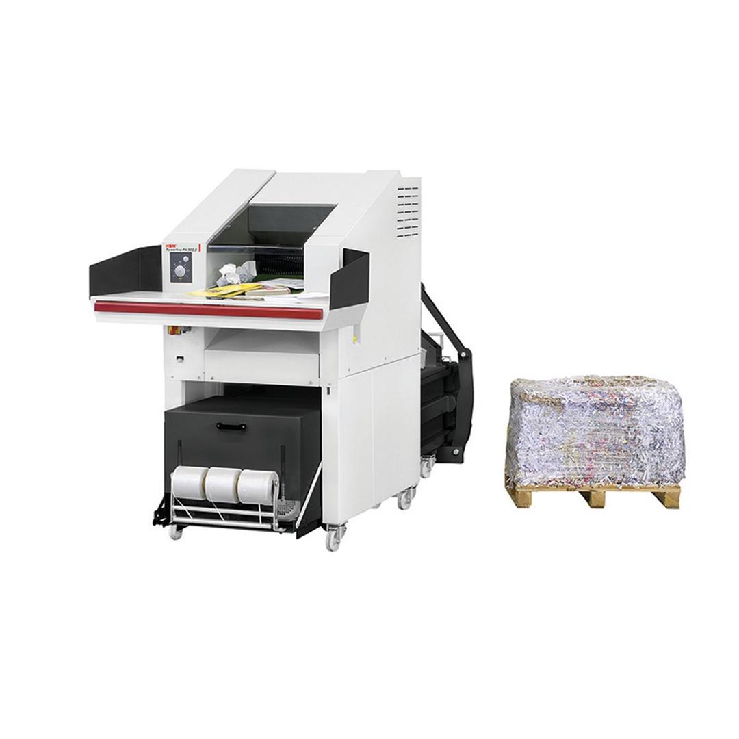 Combinaison destructeur-presse à balles P2 Coupe croisée Forte capacité SP 5088 Powerline 10,5 x 40-76 mm HSM - Combinaison HSM Powerline SP 5088 avec une balle de papier compressé et ligaturé
