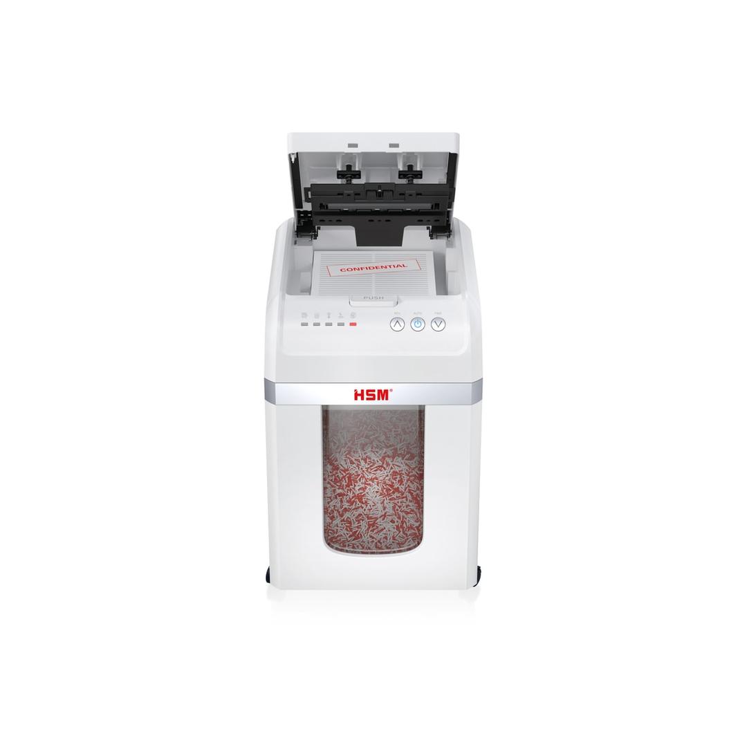 Destructeur de documents confidentiels P4 Coupe croisée Insertion papier automatique Autofeed X200 Shredstar 4 x 12 mm avec insertion papier automatique HSM — Destructeur de documents très confidentiels Hsm Shredstar Autofeed X200pro - 2 x 10 mm - Coupe micro-particules - P5 -Capot d'alimentation ouvert sur une pile de documents confidentiels