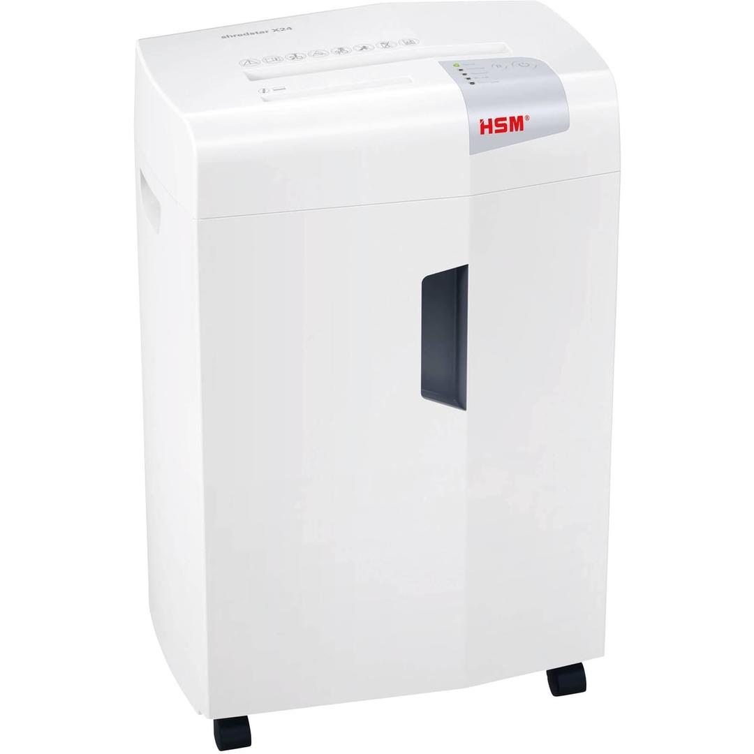 Destructeur de documents confidentiels P4 Coupe croisée X24 Shredstar 4 x 37 mm HSM - Destructeur de documents HSM shredstar X24 vu de trois quarts, sur ses roulettes