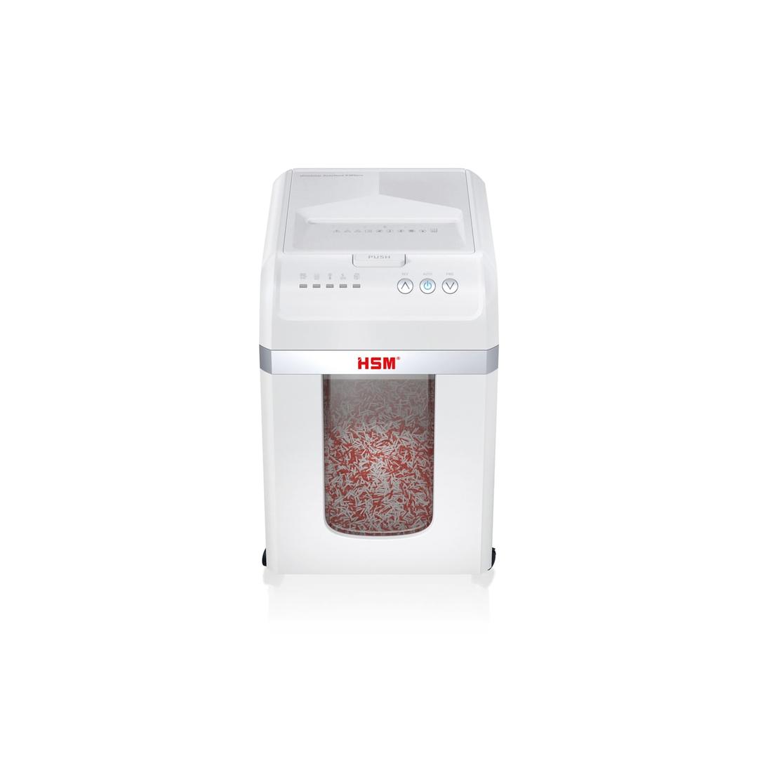 Destructeur de documents confidentiels P4 Coupe croisée Insertion papier automatique Autofeed X300 Shredstar 4 x 12 mm avec insertion papier automatique HSM — Destructeur de documents très confidentiels Hsm Shredstar Autofeed X300pro - 2 x 10 mm - Coupe micro-particules - P5 -Vue de de face - Collecteur rempli de particules 2 x 10 mm