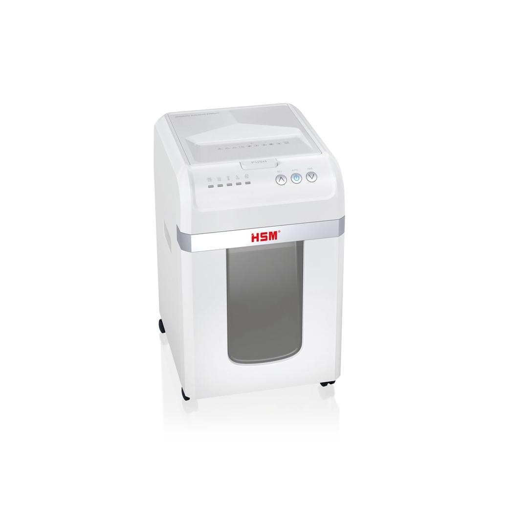 Destructeur de documents très confidentiels P5 Coupe croisée Insertion papier automatique Autofeed X200pro Shredstar 2 x 10 mm avec insertion papier automatique HSM — Destructeur de documents très confidentiels Hsm Shredstar Autofeed X200pro - 2 x 10 mm - Coupe micro-particules - P5 - Vue de trois quarts gauche - Fente d'insertion manuelle visible