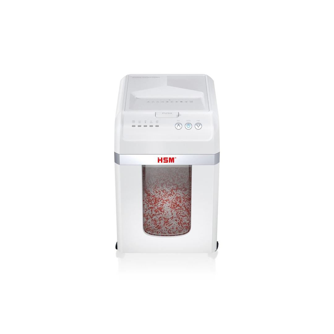 Destructeur de documents très confidentiels P5 Coupe croisée Insertion papier automatique Autofeed X200pro Shredstar 2 x 10 mm avec insertion papier automatique HSM — Destructeur de documents très confidentiels Hsm Shredstar Autofeed X200pro - 2 x 10 mm - Coupe micro-particules - P5 -Vue de face - Collecteur rempli de particules 2 x 10 mm