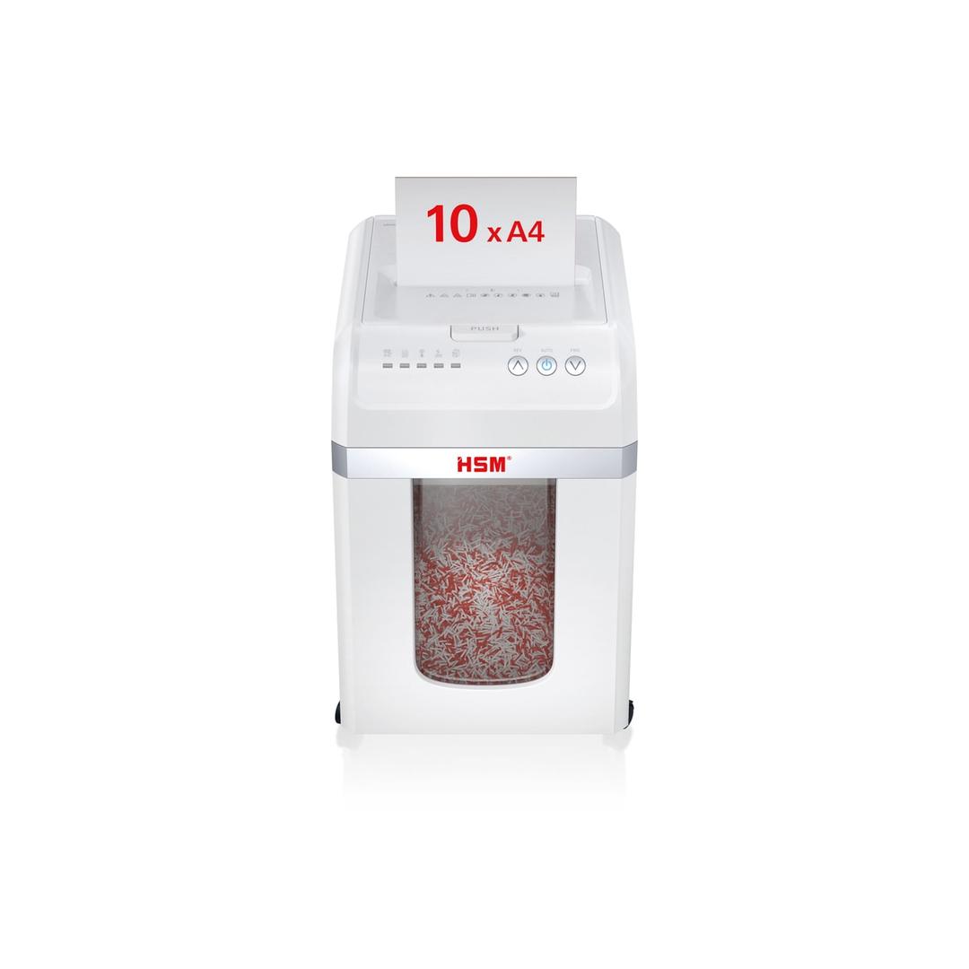 Destructeur de documents très confidentiels P5 Coupe croisée Insertion papier automatique Autofeed X200pro Shredstar 2 x 10 mm avec insertion papier automatique HSM — Destructeur de documents très confidentiels Hsm Shredstar Autofeed X200pro - 2 x 10 mm - Coupe micro-particules - P5 -Vue de face - Feuilles A4 engagées dans la fente manuelle