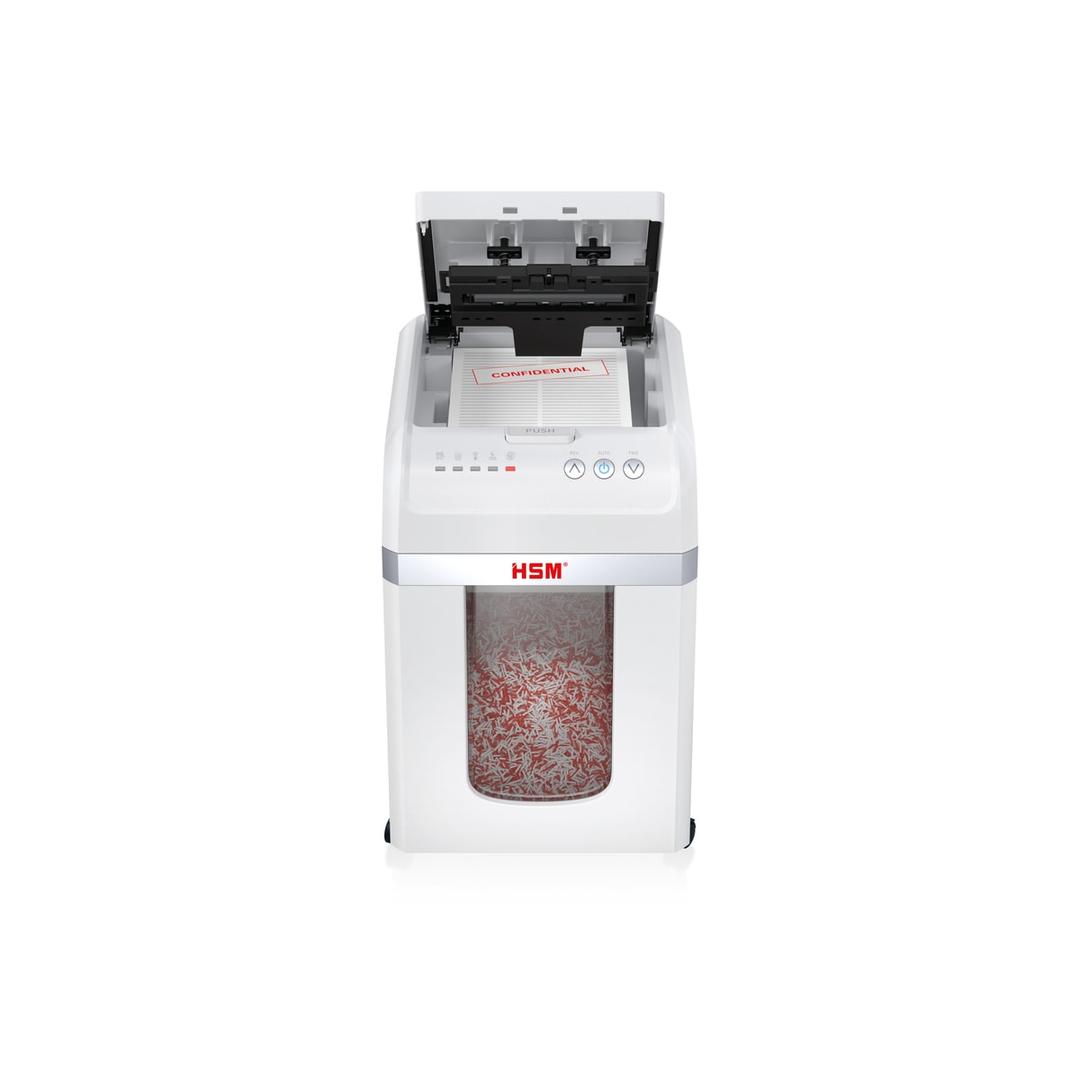 Destructeur de documents très confidentiels P5 Coupe croisée Insertion papier automatique Autofeed X300pro Shredstar 2 x 10 mm avec insertion papier automatique HSM — Destructeur de documents très confidentiels Hsm Shredstar Autofeed X300pro - 2 x 10 mm - Coupe micro-particules - P5 - Capot d'alimentation ouvert sur une pile de documents confidentiels