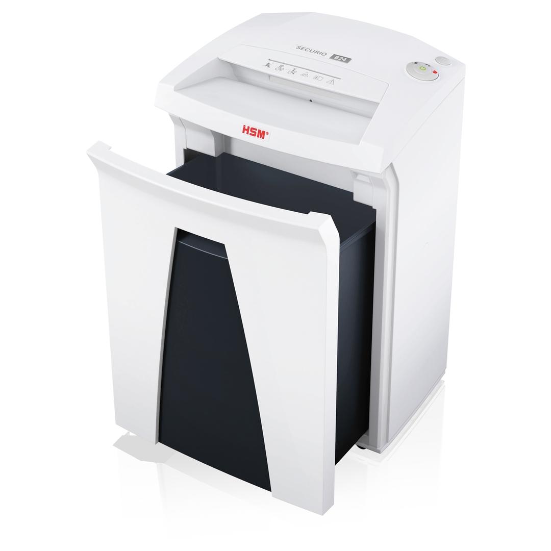 Destructeur de documents P2 Coupe droite B24 Securio 5,8 mm HSM — Bac collecteur ouvert