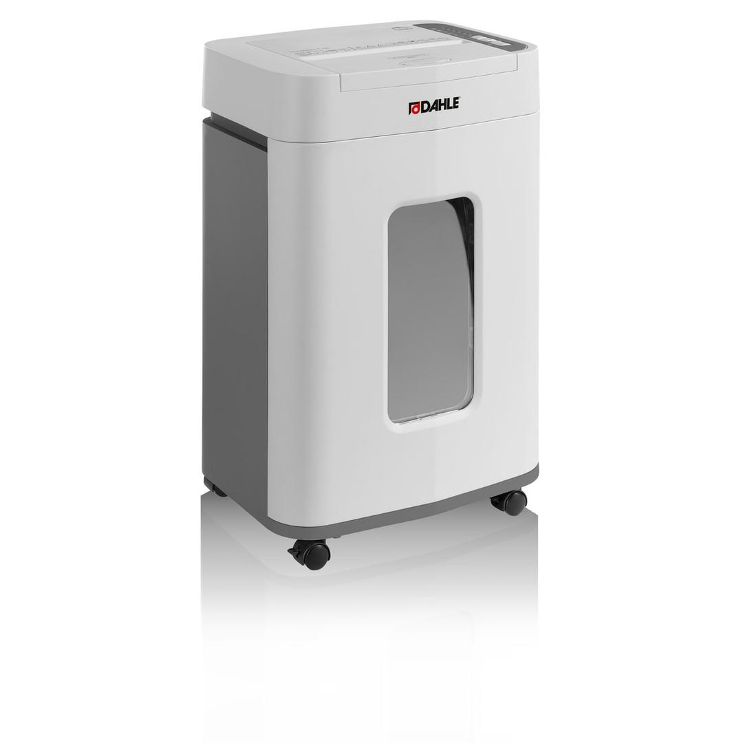 Destructeur de documents confidentiels P4 Coupe croisée Insertion papier automatique ShredMATIC 150 P4 4 x 12 mm avec insertion papier automatique DAHLE — Destructeur de documents Dahle ShredMATIC 150 P-4 à insertion automatique de 150 feuilles, vue de trois quarts