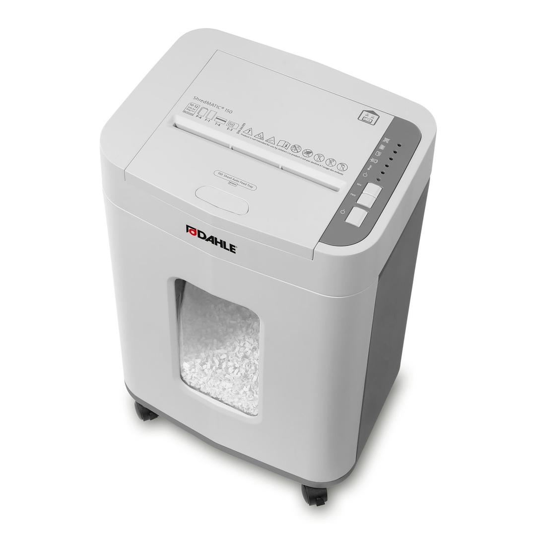 Destructeur de documents confidentiels P4 Coupe croisée Insertion papier automatique ShredMATIC 150 P4 4 x 12 mm avec insertion papier automatique DAHLE — Destructeur Dahle ShredMATIC 150 en coupe croisée 4 x 12 mm, particules visibles dans le bac de 24 L par la fenêtre