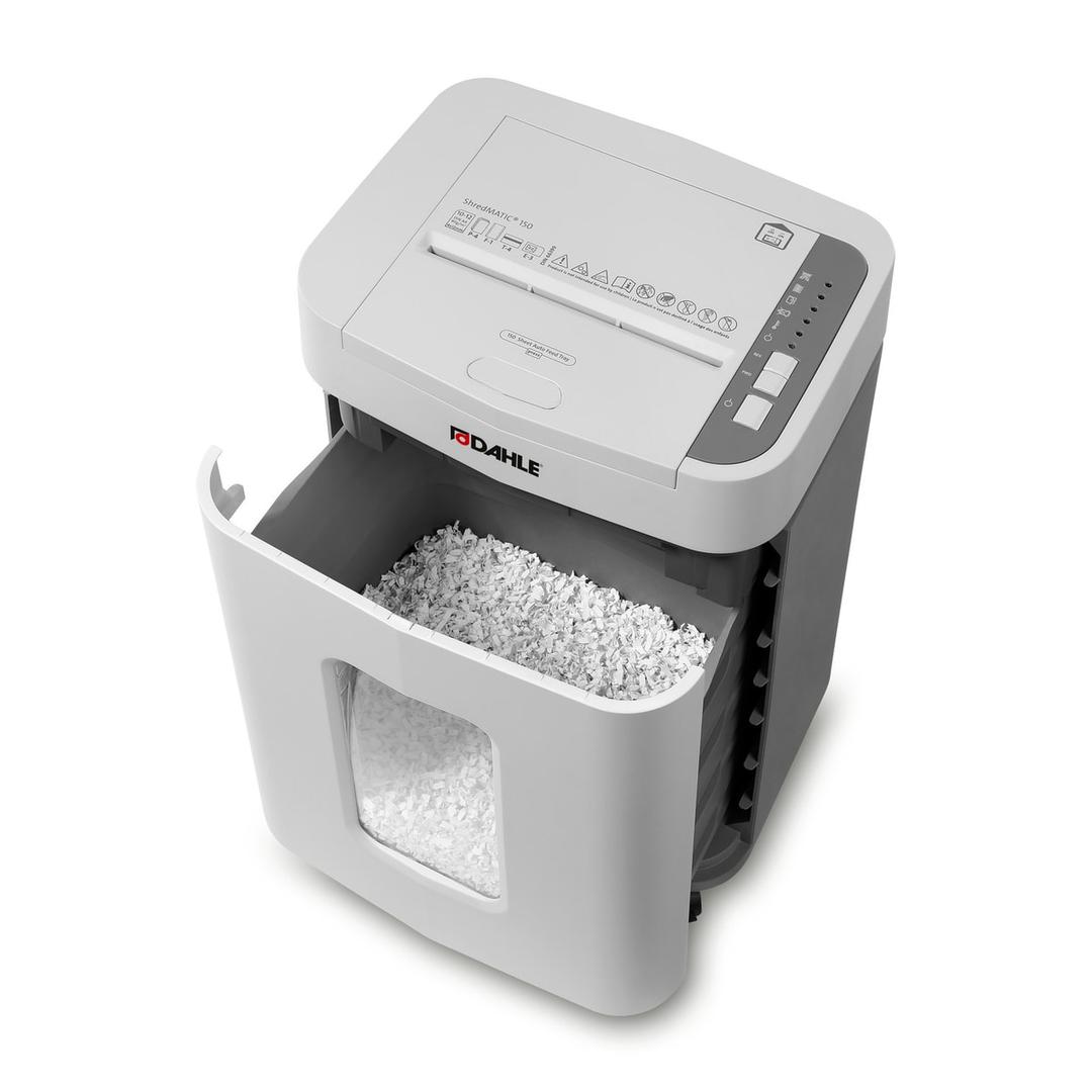 Destructeur de documents confidentiels P4 Coupe croisée Insertion papier automatique ShredMATIC 150 P4 4 x 12 mm avec insertion papier automatique DAHLE — Destructeur Dahle ShredMATIC 150, bac de réception amovible de 24 L ouvert