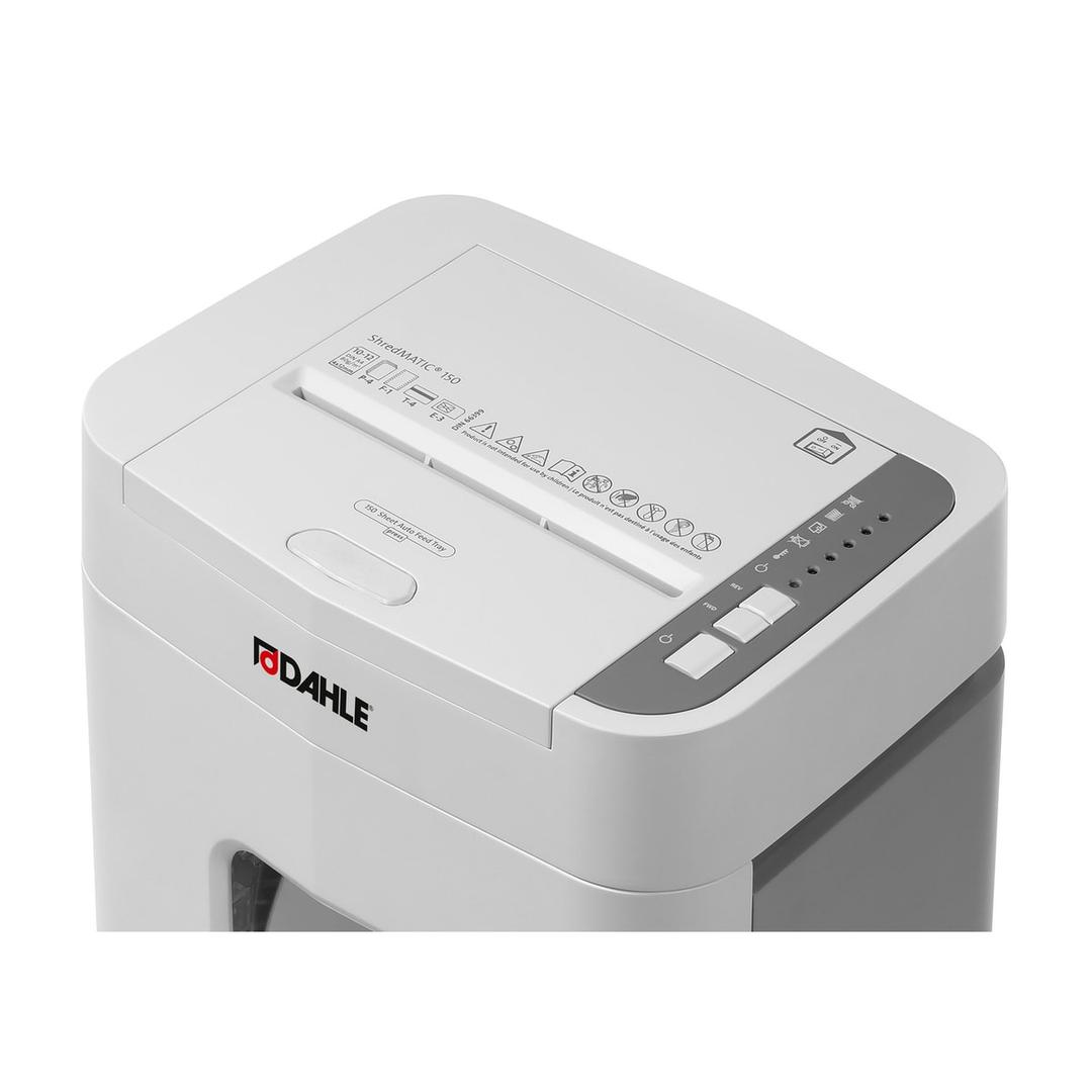 Destructeur de documents confidentiels P4 Coupe croisée Insertion papier automatique ShredMATIC 150 P4 4 x 12 mm avec insertion papier automatique DAHLE — Dessus du Dahle ShredMATIC 150 : fente d'insertion manuelle de 220 mm et tableau de commande