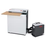 Matelasseur de cartons pour calage ProfiPack P425 triphasé avec kit d'adaptation pour aspiration HSM — Vue de gauche en fonctionnement avec dépoussiereur