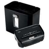 Destructeur de documents confidentiels P4 Coupe croisée Promax QS RPX612 4 x 40 mm REXEL — Bloc de coupe posé à côté de la corbeille de 12 litres sortie de son logement