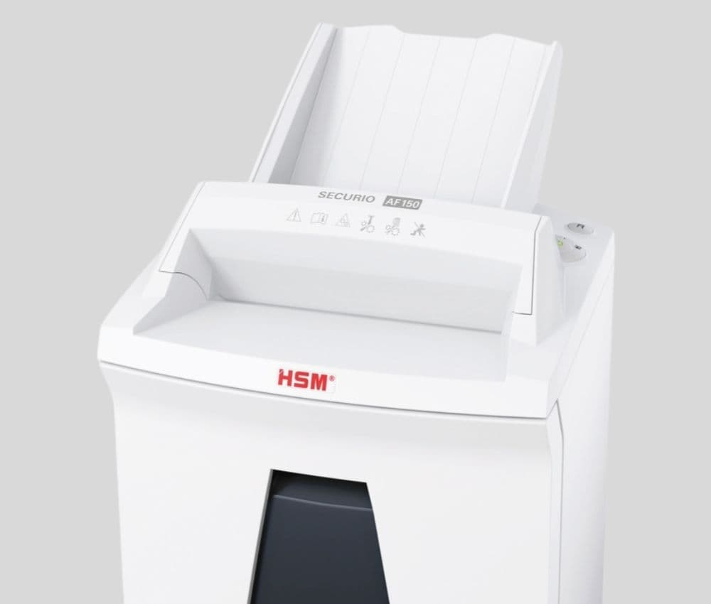 Le Destructeur coupe micro-particules P6 AF150 Securio AutoFeed 0,78 x 11 mm avec insertion papier automatique HSM est équipé d'un système d'insertion automatique du papier (AUTOFЕED).
