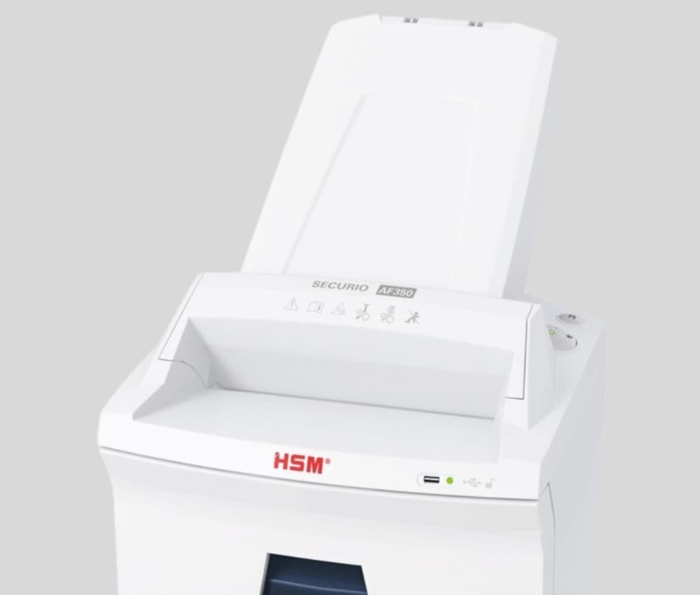 Le Destructeur coupe croisée P5 AF350 Securio Autofeed 1,9 x 15 mm avec insertion papier automatique HSM est équipé d'un système d'insertion automatique du papier (AUTOFЕED).