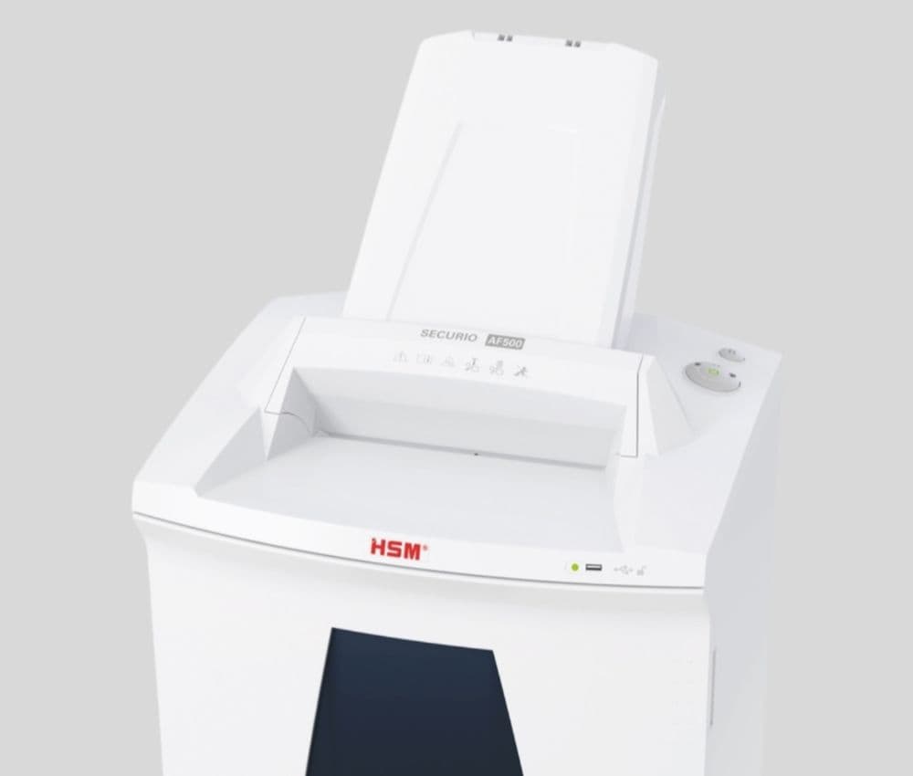 Le Destructeur coupe micro-particules P6 AF500 Securio AutoFeed 0,78 x 11 mm avec insertion papier automatique HSM est équipé d'un système d'insertion automatique du papier (AUTOFЕED).