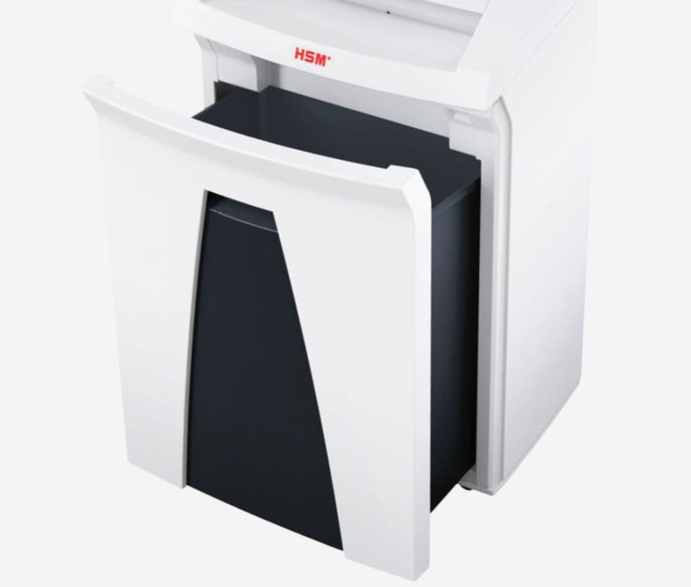 Le bac collecteur amovible du Destructeur Destructeur coupe croisée P4 AF300 Securio Autofeed 4,5 x 30 mm avec insertion papier automatique HSM est facile à vider.