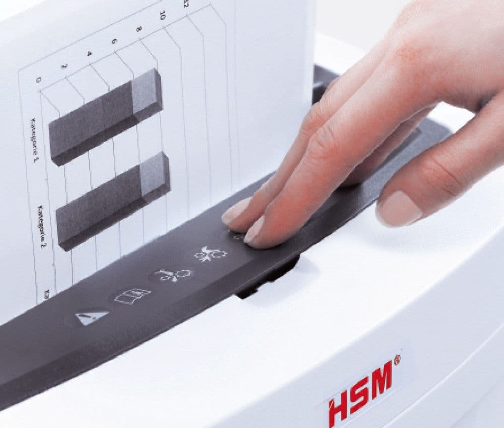 Le destructeur de document C14 Securio 4 x 25 mm HSM est équipé d'un élément de sécurité qui arrête immédiatement l'alimentation en papier en cas de pression.