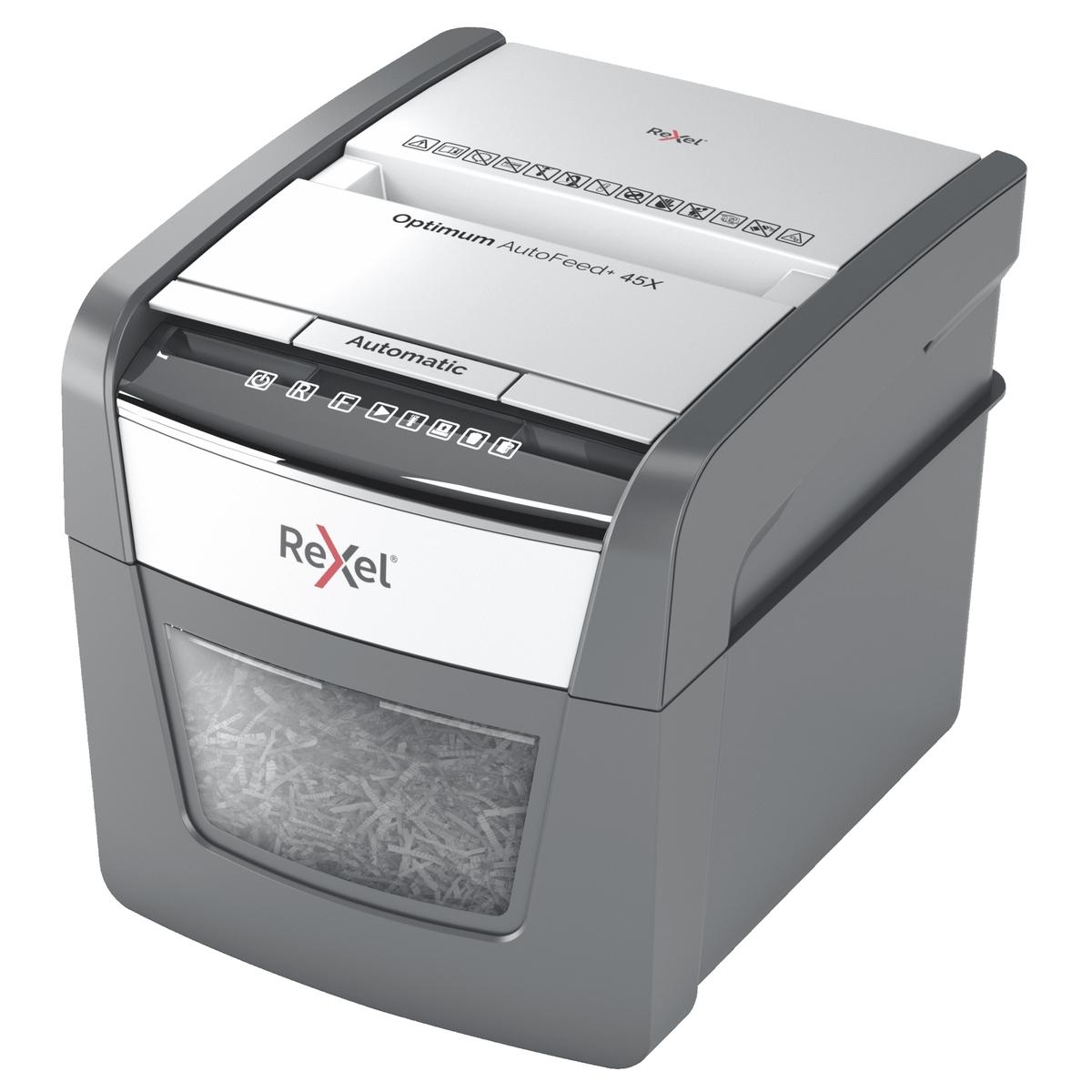 Destructeur de documents confidentiels P4 Coupe croisée Insertion papier automatique Optimum Autofeed+ 45X 4 x 28 mm avec insertion papier automatique REXEL — Base