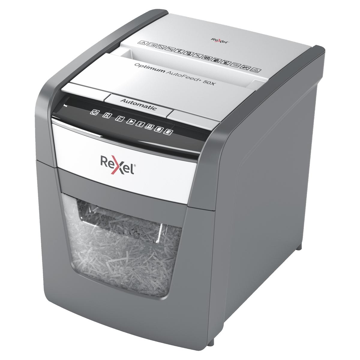 Destructeur de documents confidentiels P4 Coupe croisée Insertion papier automatique Optimum Autofeed+ 50X 4 x 28 mm avec insertion papier automatique REXEL — Base