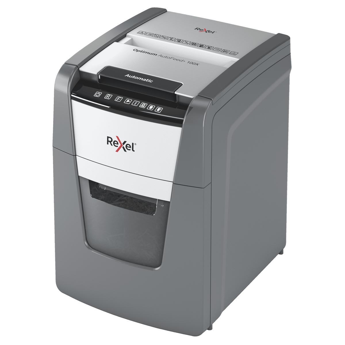Destructeur de documents confidentiels P4 Coupe croisée Insertion papier automatique Optimum Autofeed+ 100X 4 x 28 mm avec insertion papier automatique REXEL — Base