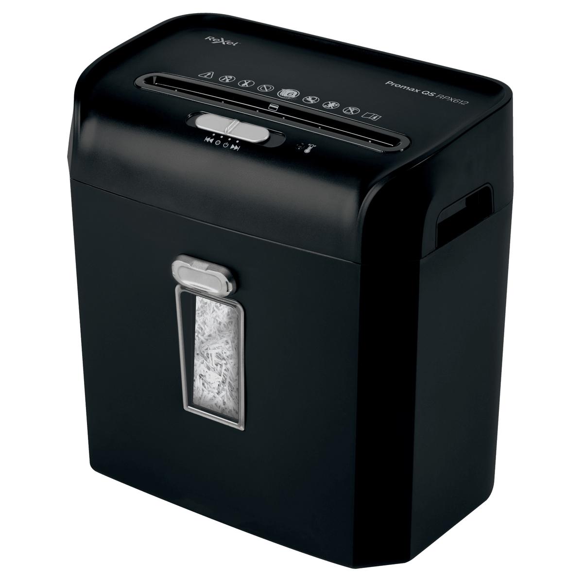 Destructeur de documents confidentiels P4 Coupe croisée Promax QS RPX612 4 x 40 mm REXEL — Vu de trois quarts, hublot de niveau sur la corbeille de 12 litres